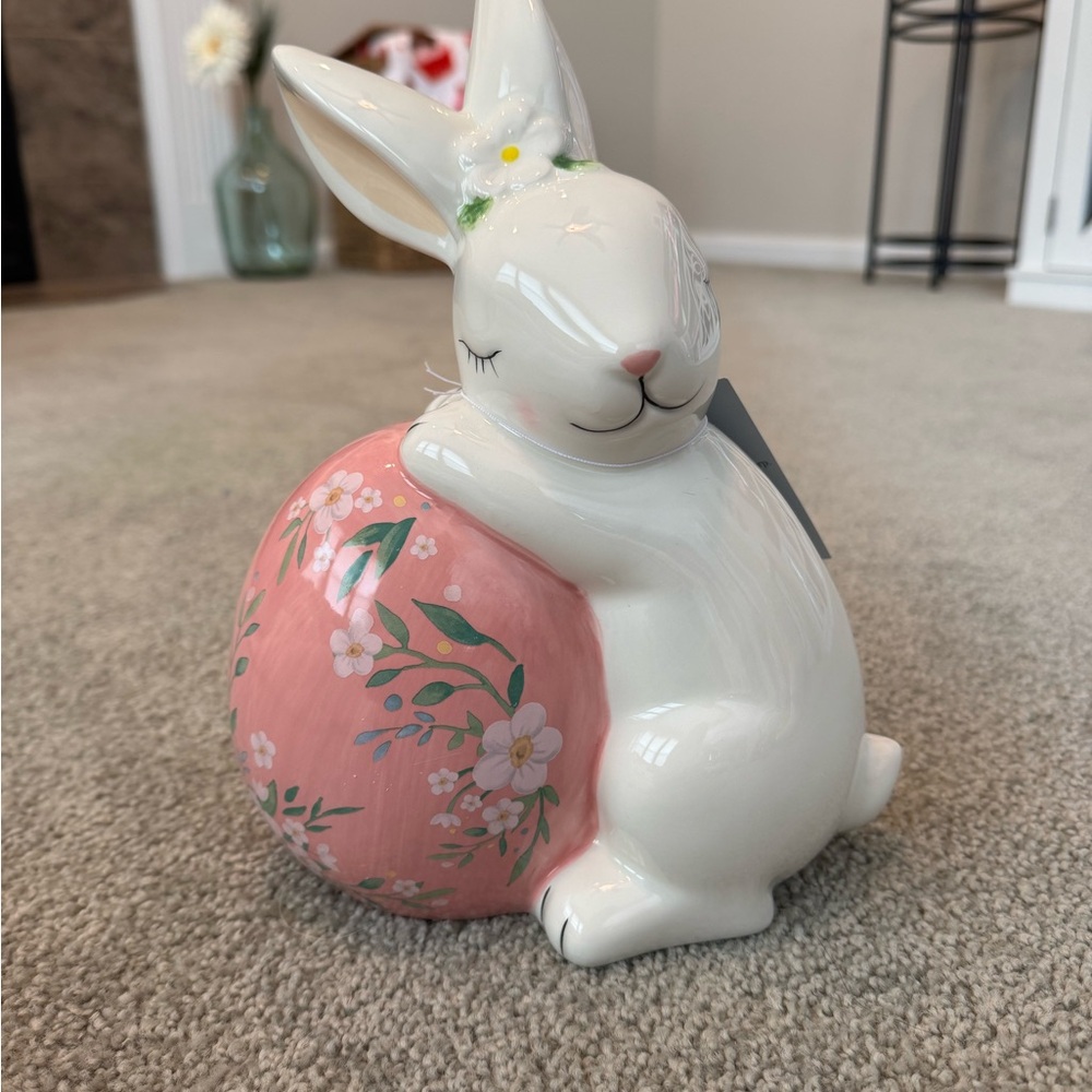 Glossy Ceramic Easter Bunny Hugging Pink Floral Egg Decorative Accent